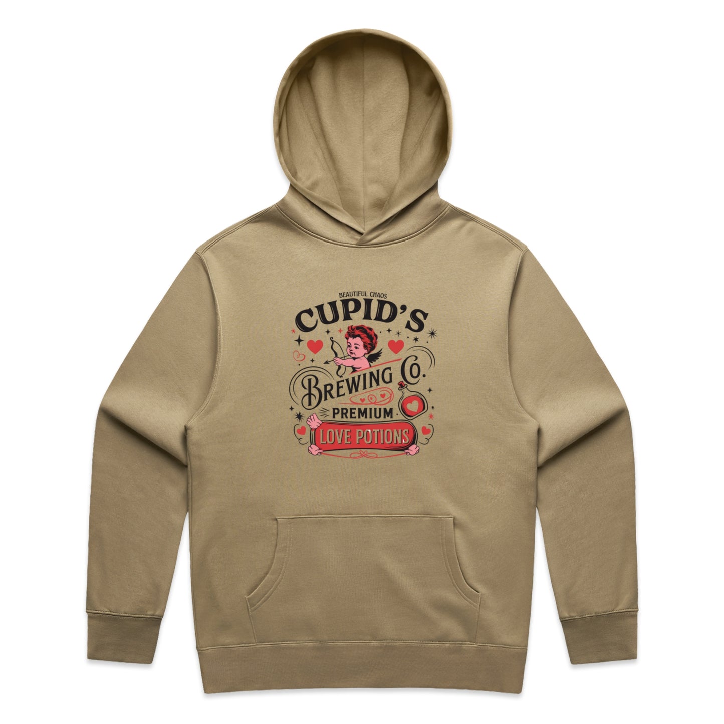 Sand Brown hoodie with 'Cupid's Brewing Co' graphic on a white background