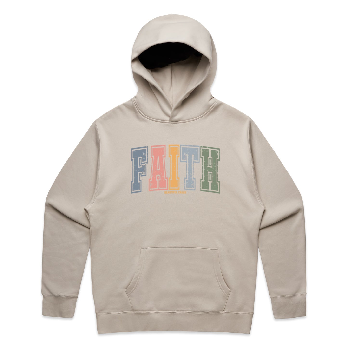 Beautiful Chaos Beige hoodie with 'FAITH' printed in colourful letters on a white background