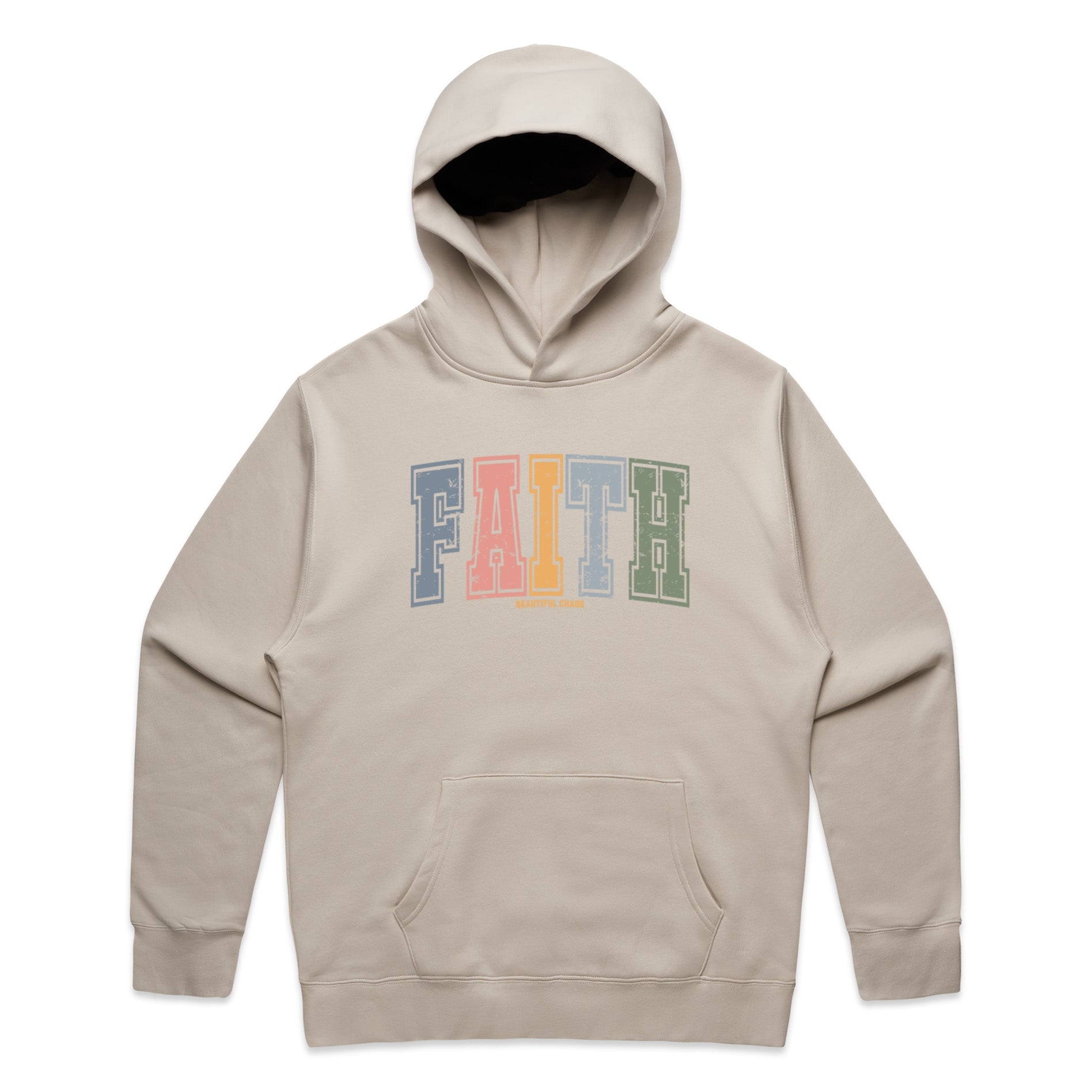 Beautiful Chaos Beige hoodie with 'FAITH' printed in colourful letters on a white background