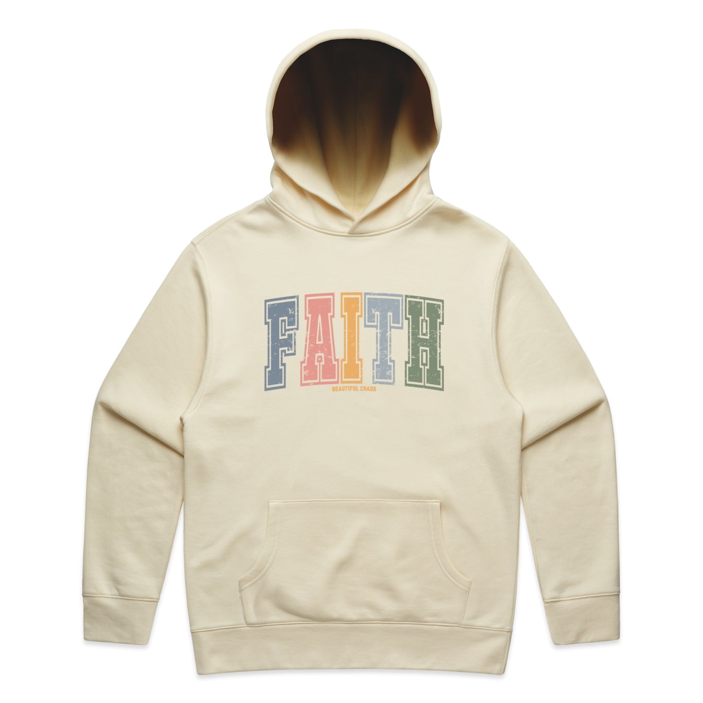Butter Beautiful Chaos hoodie with 'FAITH' printed in colourful letters on a white background