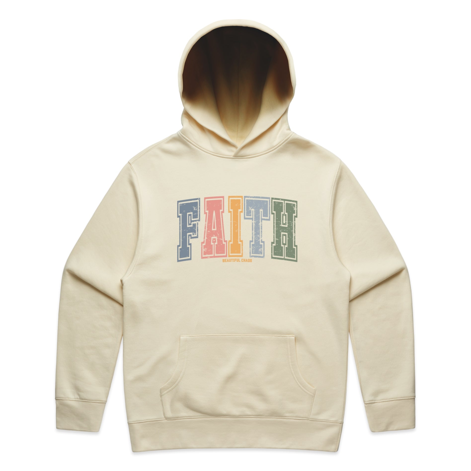 Butter Beautiful Chaos hoodie with 'FAITH' printed in colourful letters on a white background