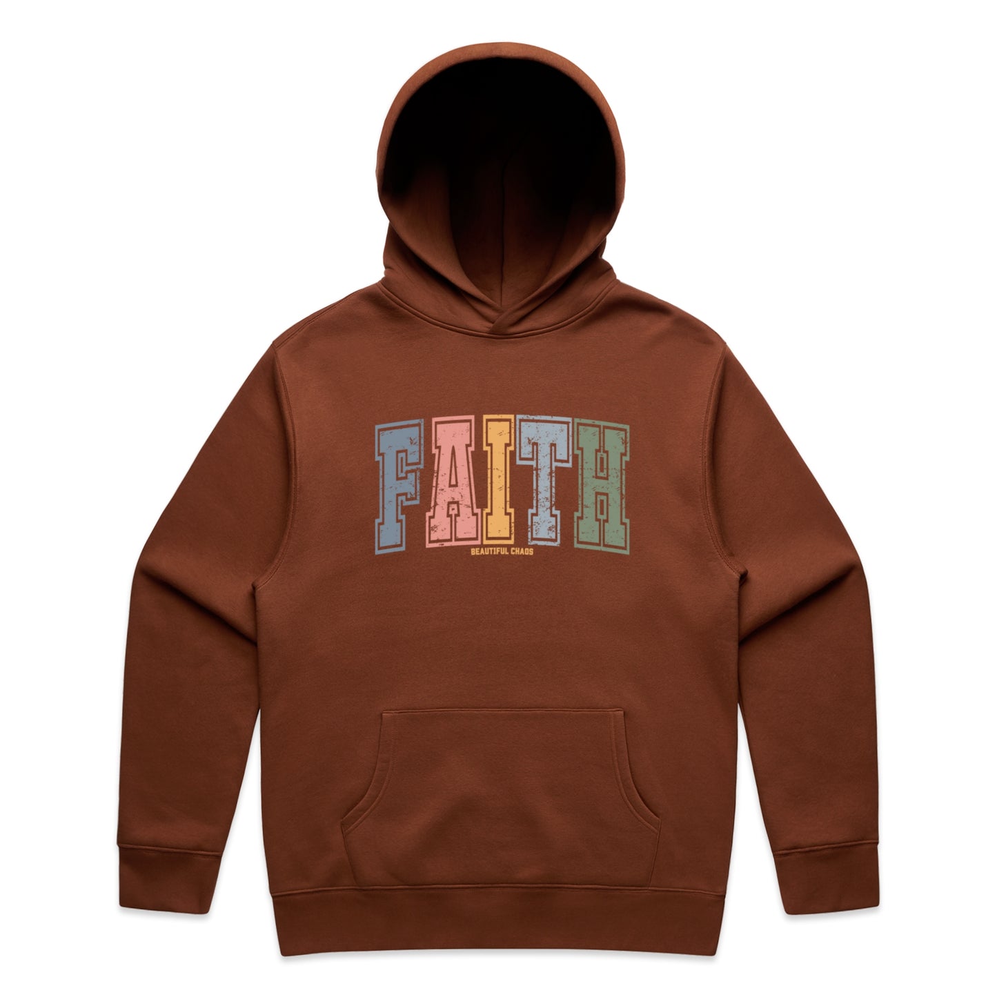 Beautiful Chaos Brown hoodie with 'FAITH' printed in colourful letters on a white background