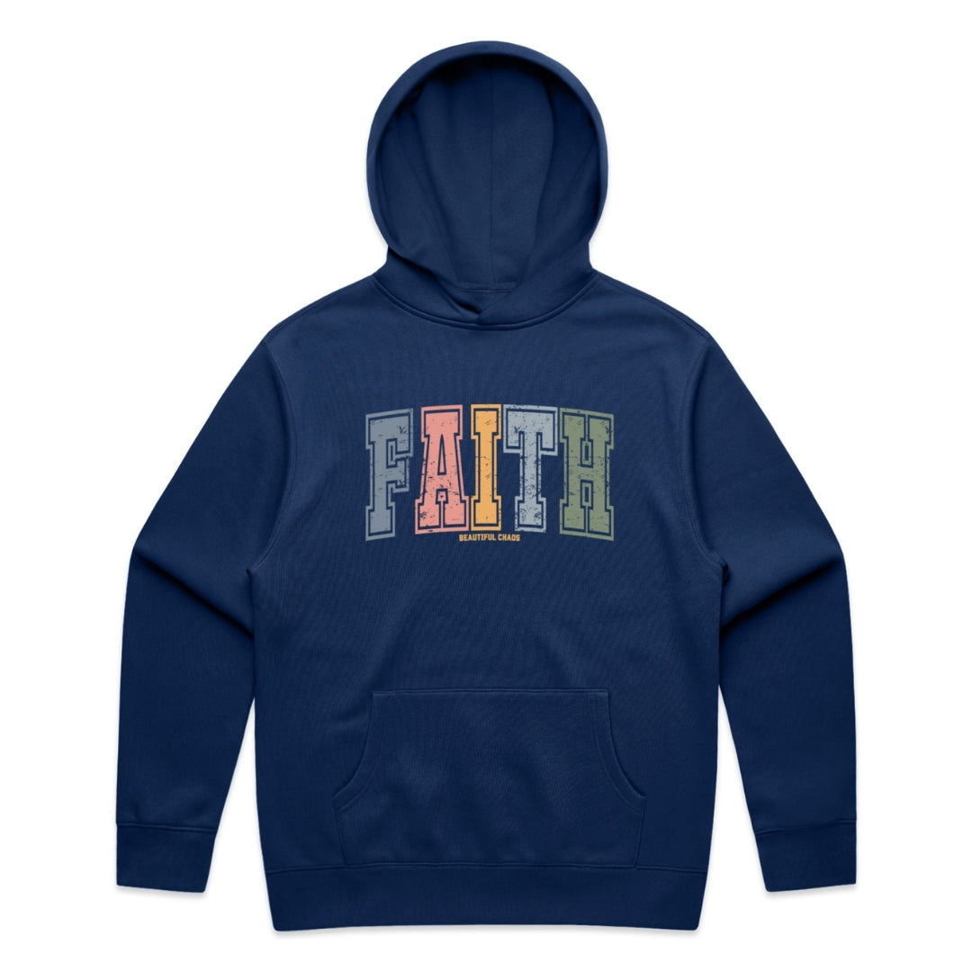 Navy blue hoodie with 'FAITH' printed in colourful letters on a white background