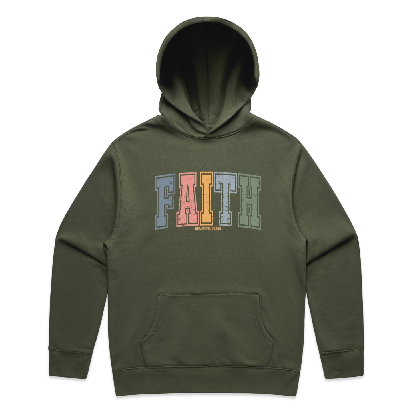Cypress Green hoodie with 'FAITH' printed in colourful letters on a white background