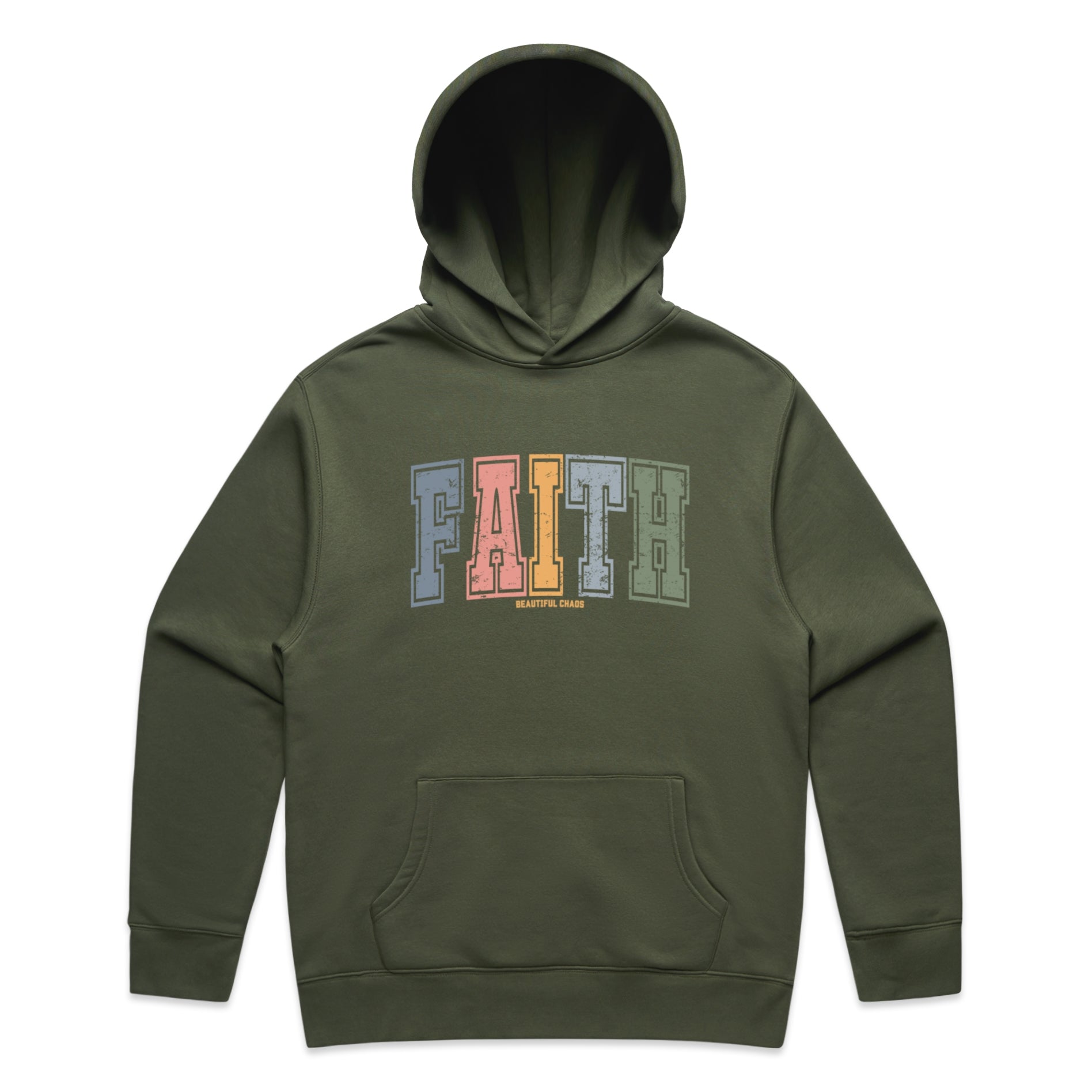 Cypress Green hoodie with 'FAITH' printed in colourful letters on a white background