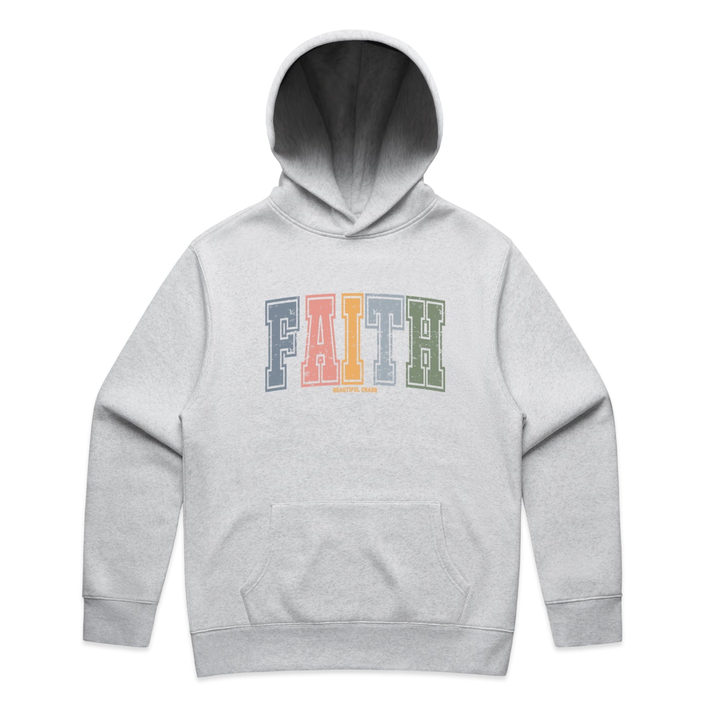 Beautiful Chaos White Marle hoodie with 'FAITH' printed on it against a white background