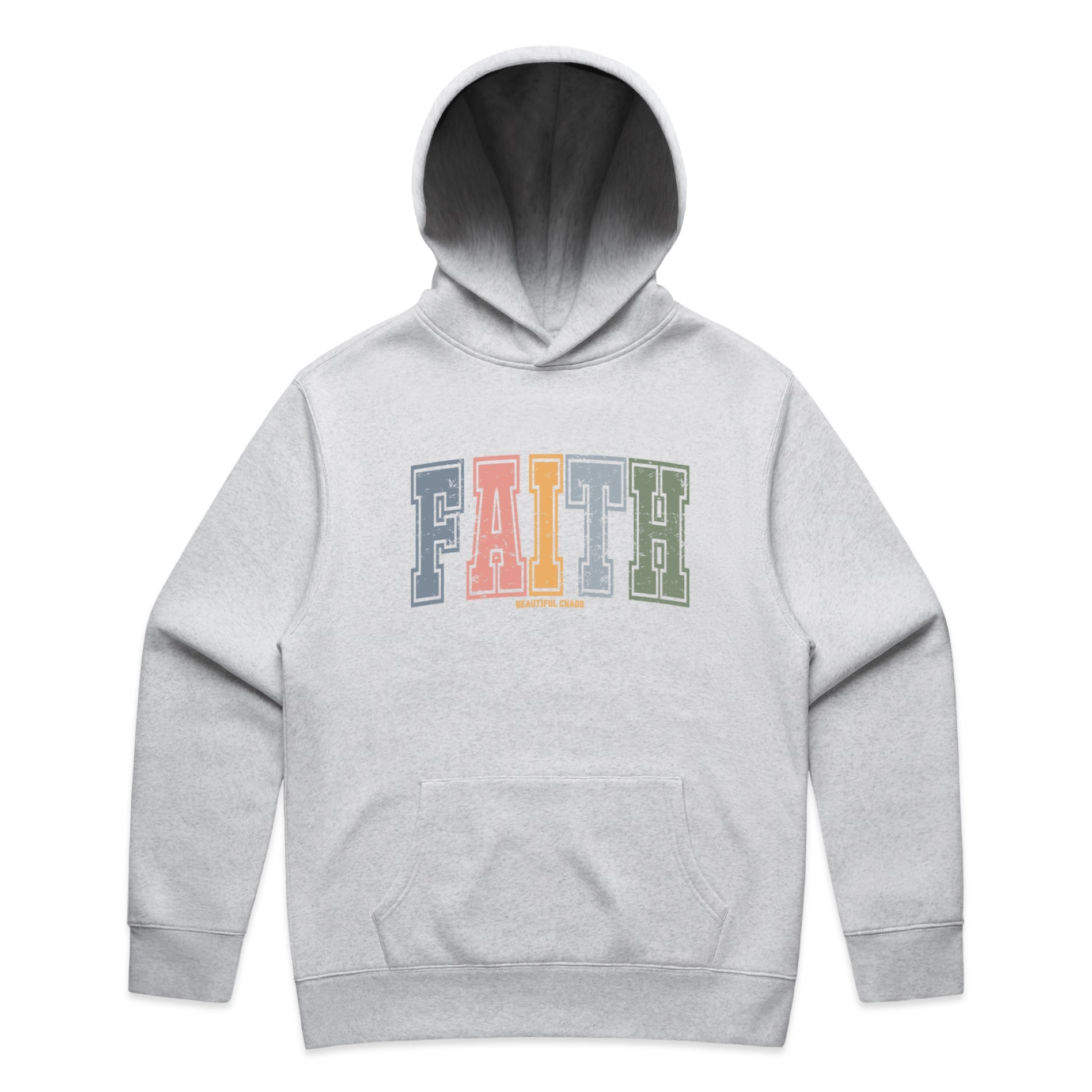 Beautiful Chaos White Marle hoodie with 'FAITH' printed on it against a white background