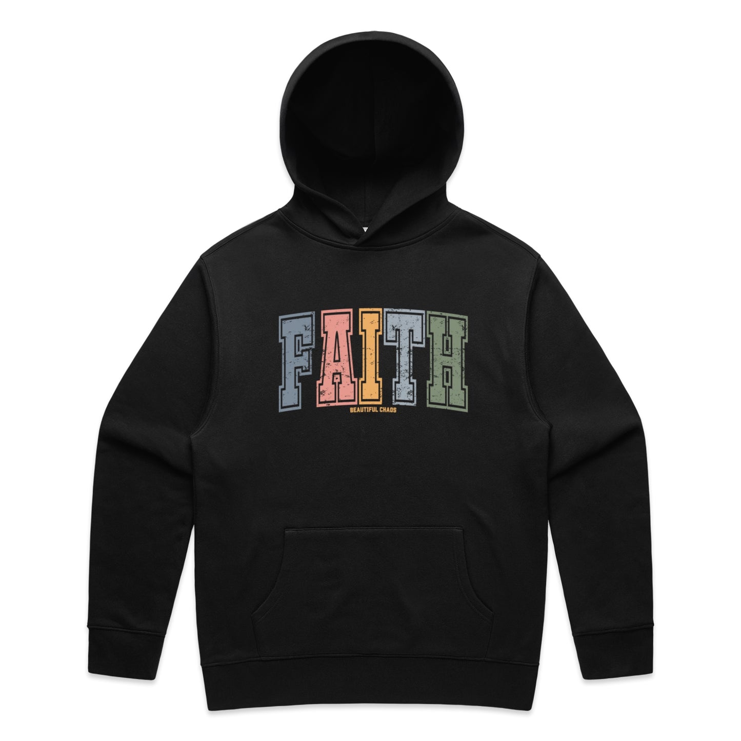 Black hoodie with 'FAITH' in colourful letters on a white backgroundd