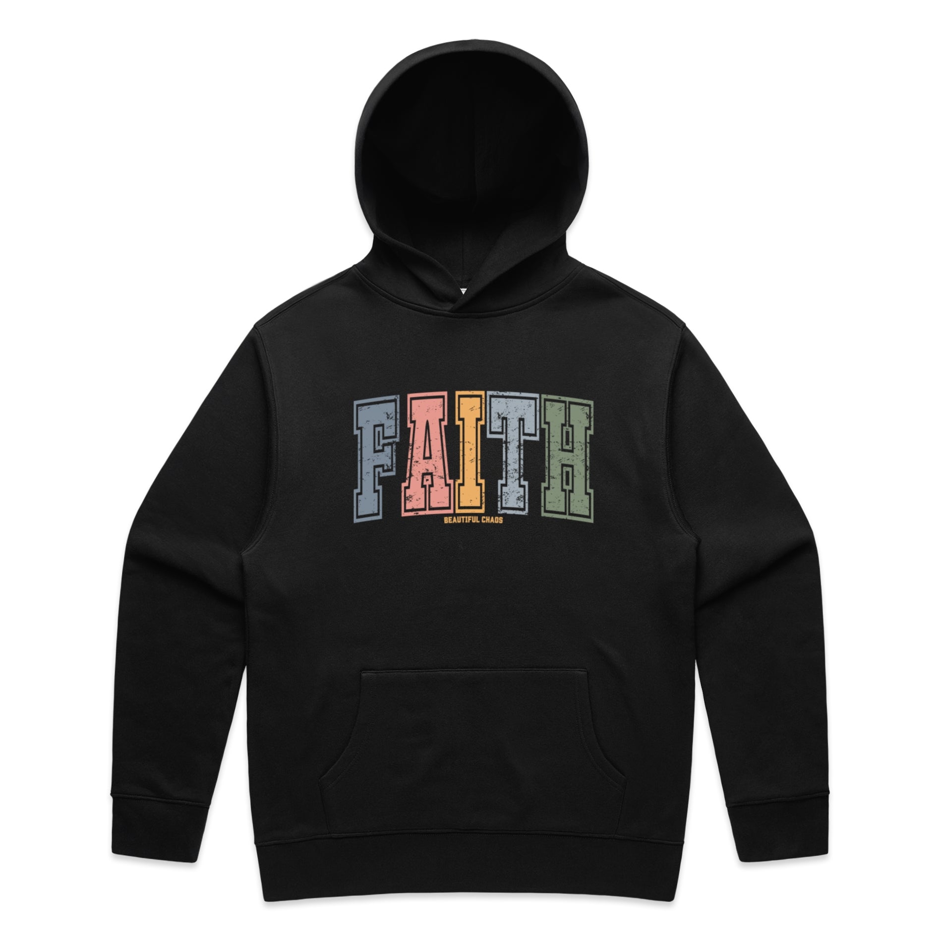 Black hoodie with 'FAITH' in colourful letters on a white backgroundd