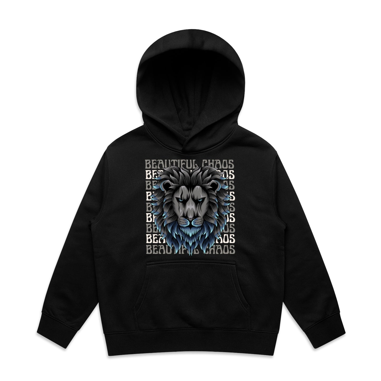 Black hoodie with a lion graphic and 'Beautiful Chaos' text on a white background