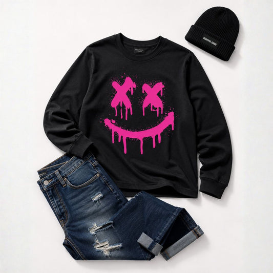 Beautiful Chaos Pink Graffiti Smiley Long Sleeve Tee with Jeans and Beanie