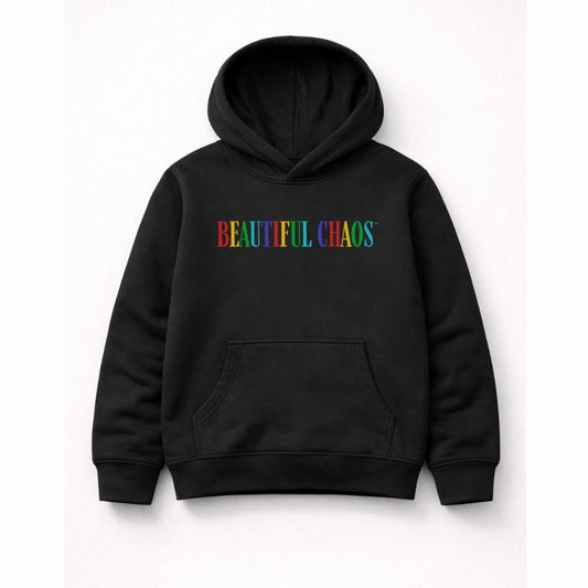 Black hoodie with 'BEAUTIFUL CHAOS' text in colorful letters on a white background