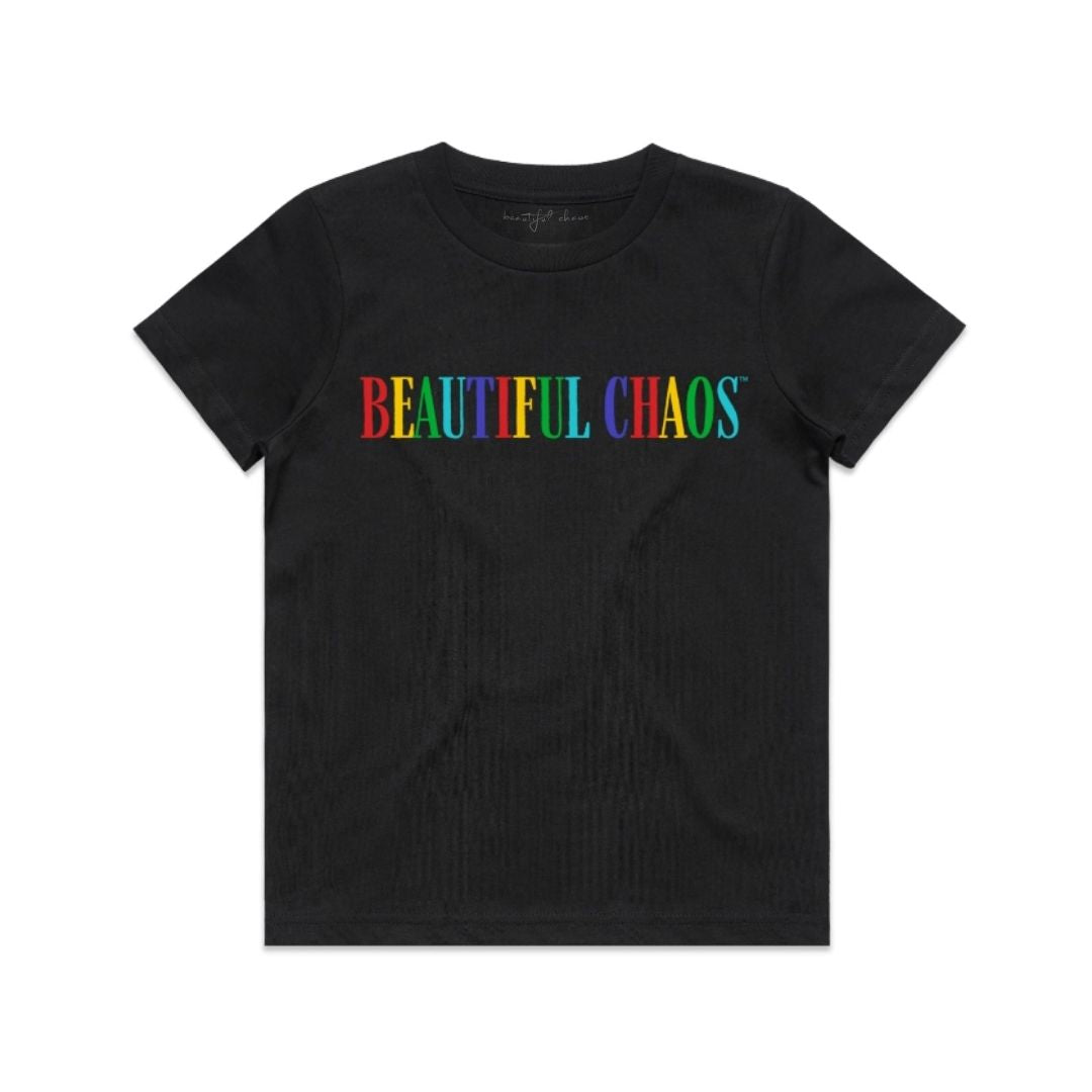 Black t-shirt with 'BEAUTIFUL CHAOS' in colorful letters on a white background