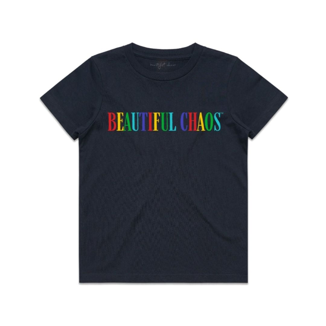 Navy t-shirt with 'BEAUTIFUL CHAOS' text in colourful letters on a white background