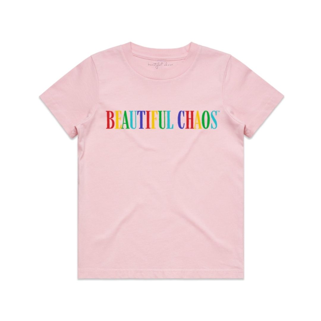 Pink t-shirt with 'BEAUTIFUL CHAOS' text in colorful letters on a white background