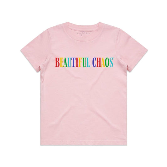 Pink t-shirt with 'BEAUTIFUL CHAOS' text in colorful letters on a white background