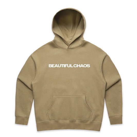 Khaki hoodie with 'BEAUTIFUL CHAOS' text on a white background