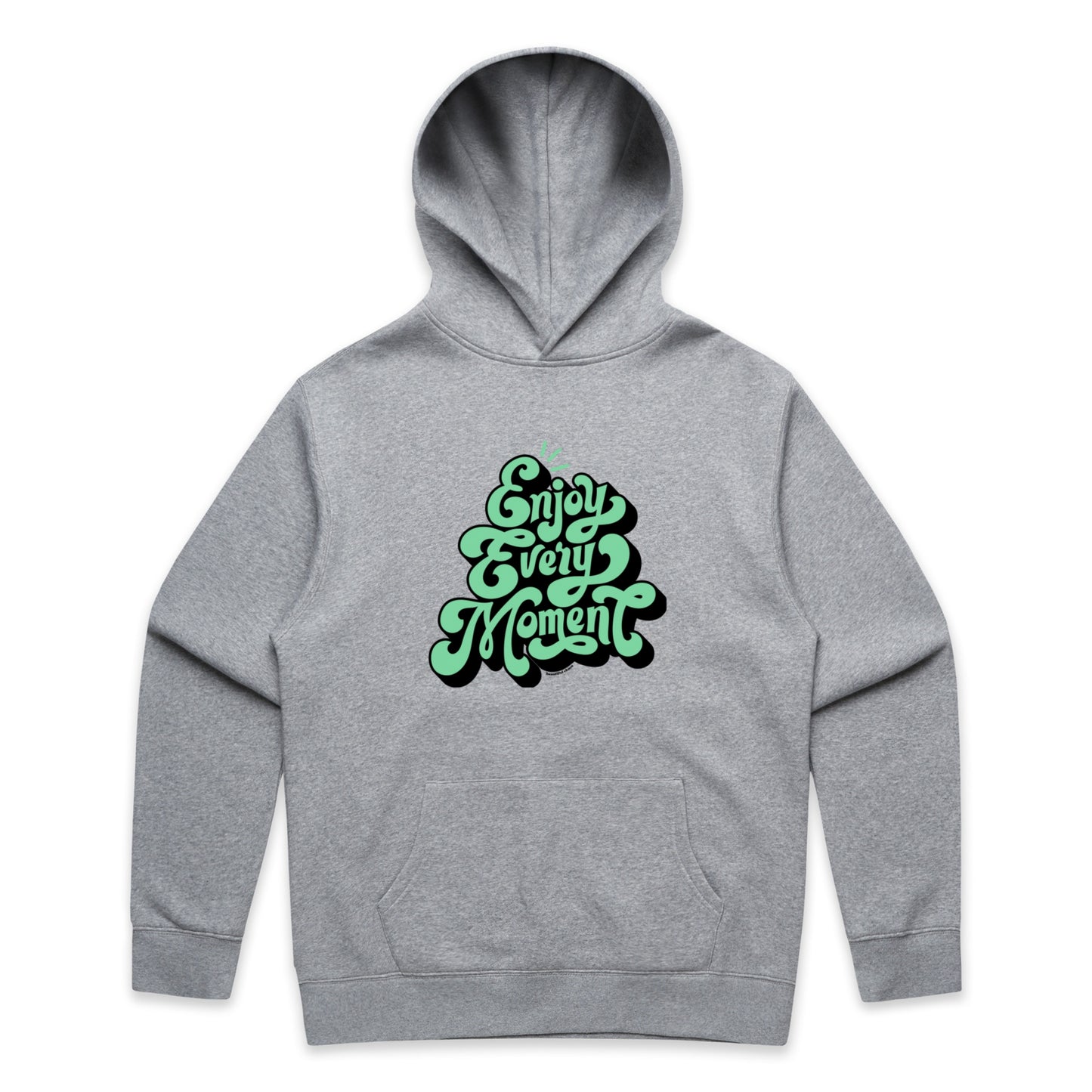Gray Marle hoodie with aquamarine and black text design on a white background