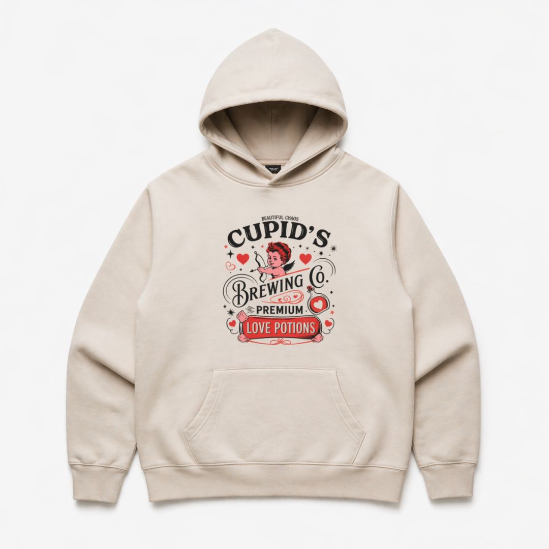Beige hoodie with 'Beautiful Chaos Cupid's Brewing Co' graphic on a white background