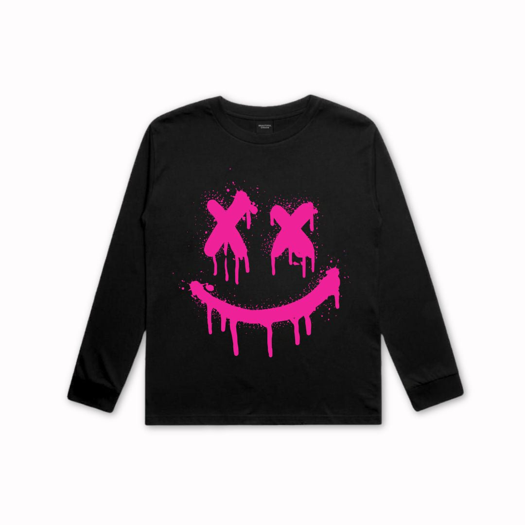 Black long-sleeve shirt with pink graffiti smiley face design on a white background