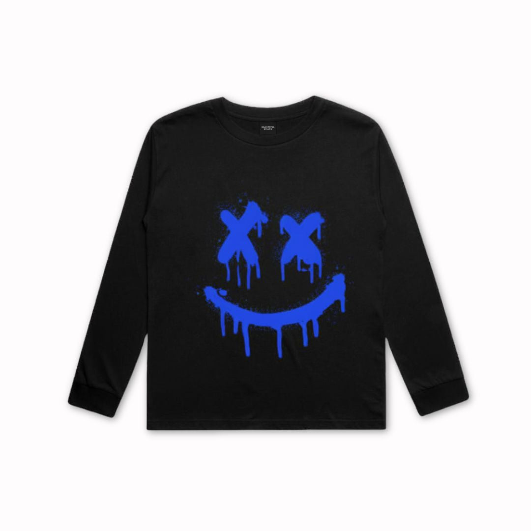 Black long-sleeve shirt with blue smiley face design on a white background