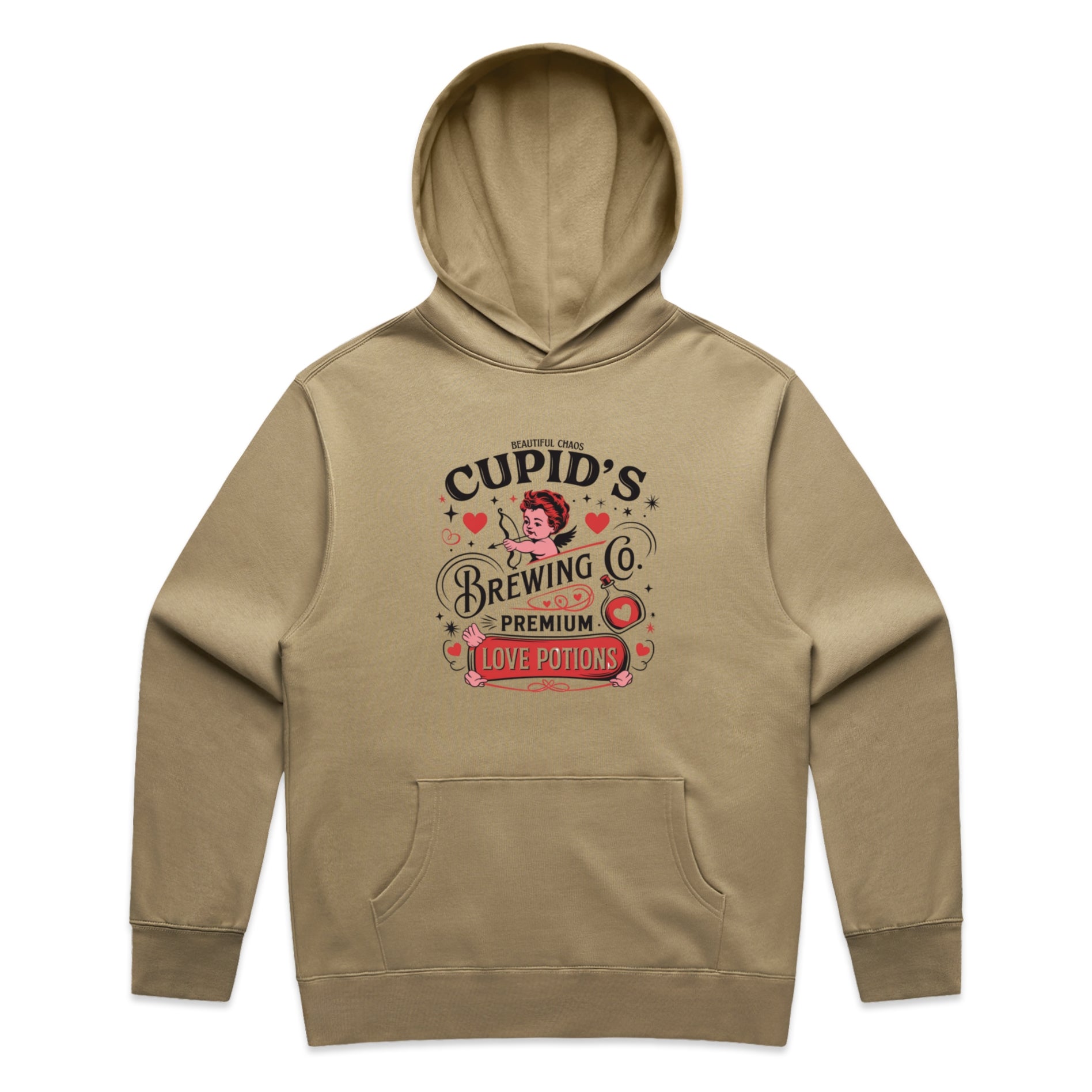 Sand Brown hoodie with 'Cupid's Brewing Co' graphic on a white background
