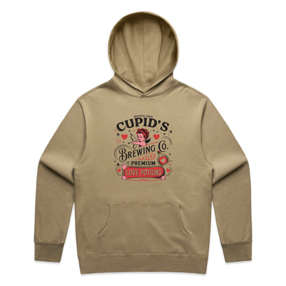 Sand Brown hoodie with 'Cupid's Brewing Co' graphic on a white background