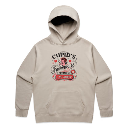 Beige hoodie with 'Cupid's Brewing Co Love Potions' graphic on a white background