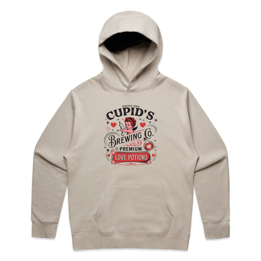 Beige hoodie with 'Cupid's Brewing Co Love Potions' graphic on a white background
