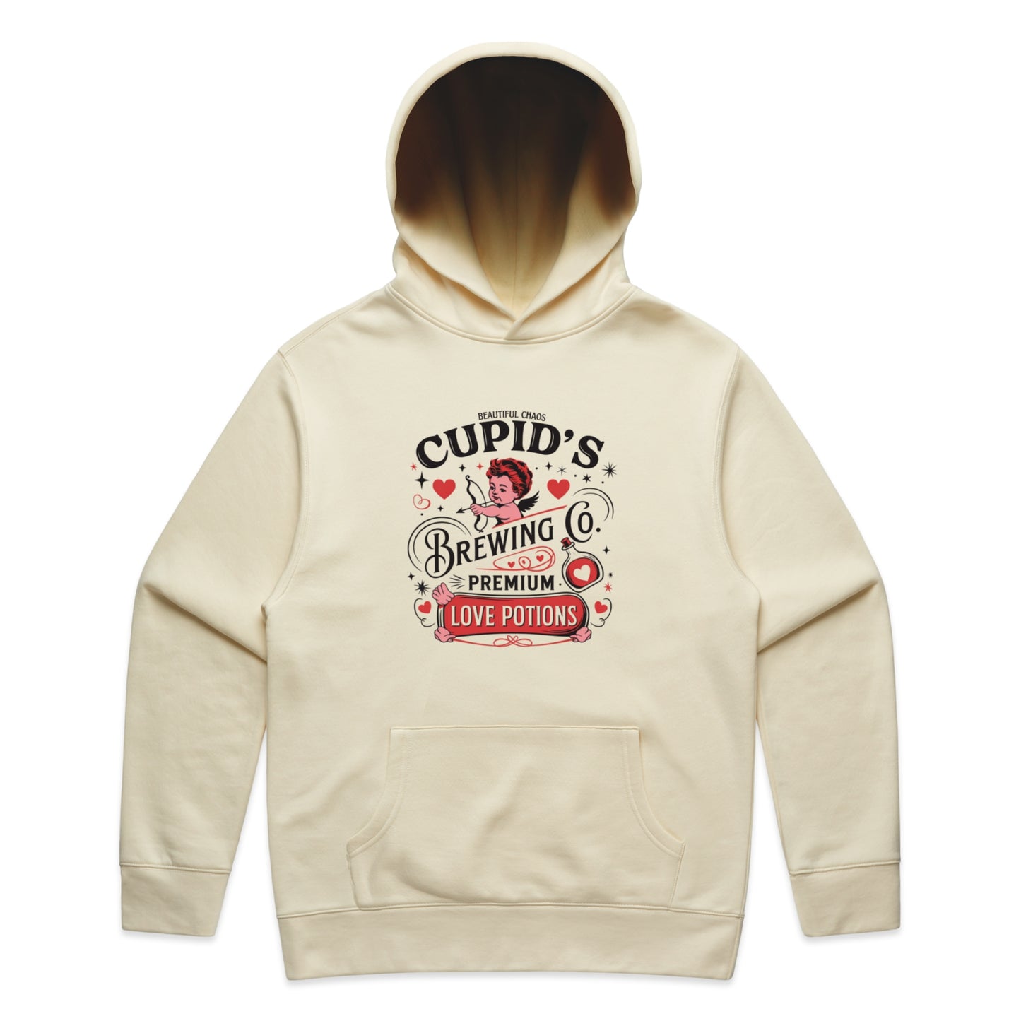 Beige hoodie with 'Cupid's Brewing Co' graphic on a white background