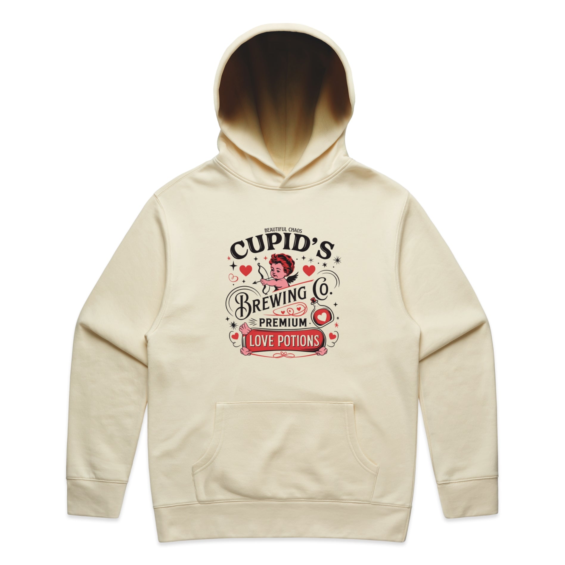 Beige hoodie with 'Cupid's Brewing Co' graphic on a white background
