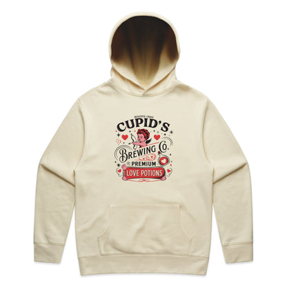 Beige hoodie with 'Cupid's Brewing Co' graphic on a white background