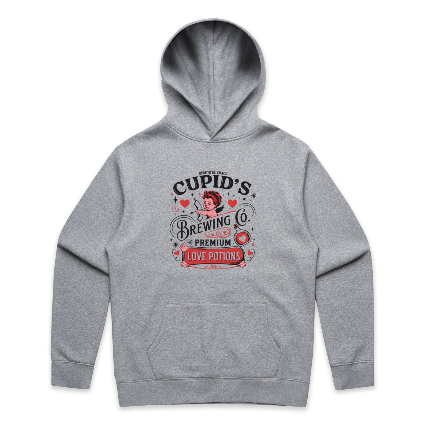 Gray hoodie with 'Cupid's Brewing Co' graphic on a white background