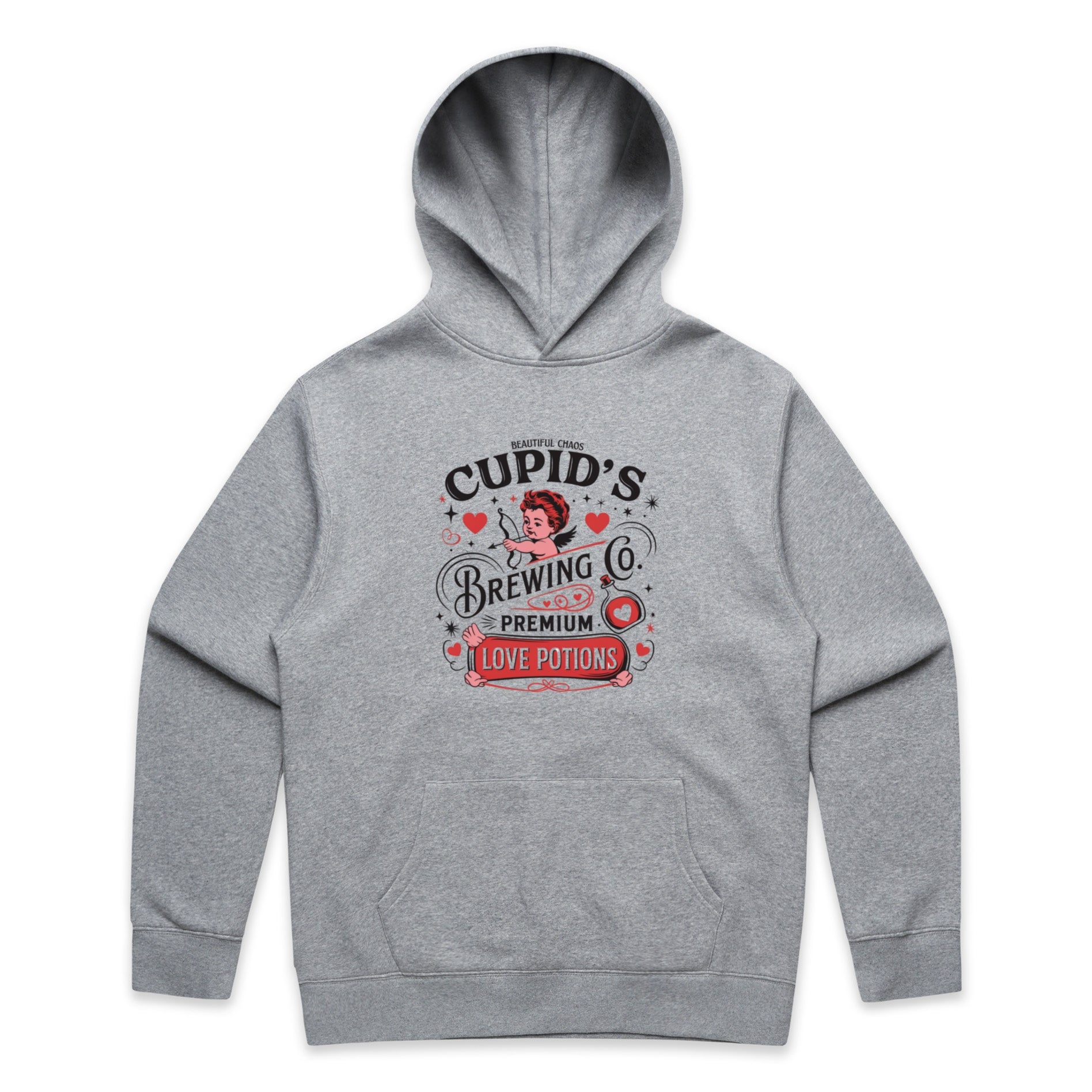 Gray hoodie with 'Cupid's Brewing Co' graphic on a white background