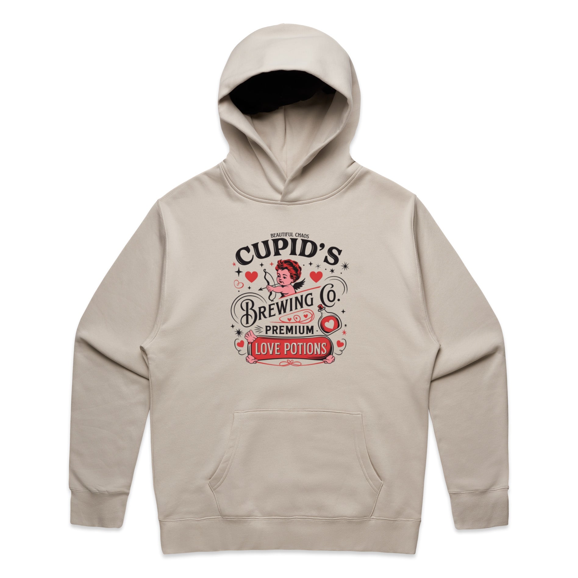 Beige hoodie with 'Cupid's Brewing Co Love Potions' graphic on a white background