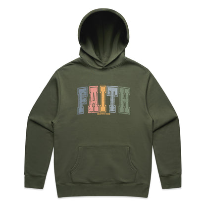 Cypress Green hoodie with 'FAITH' printed in colourful letters on a white background