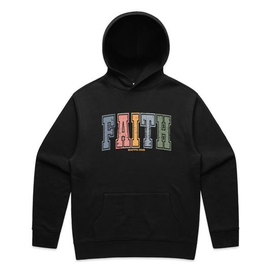 Black hoodie with 'FAITH' in colourful letters on a white backgroundd