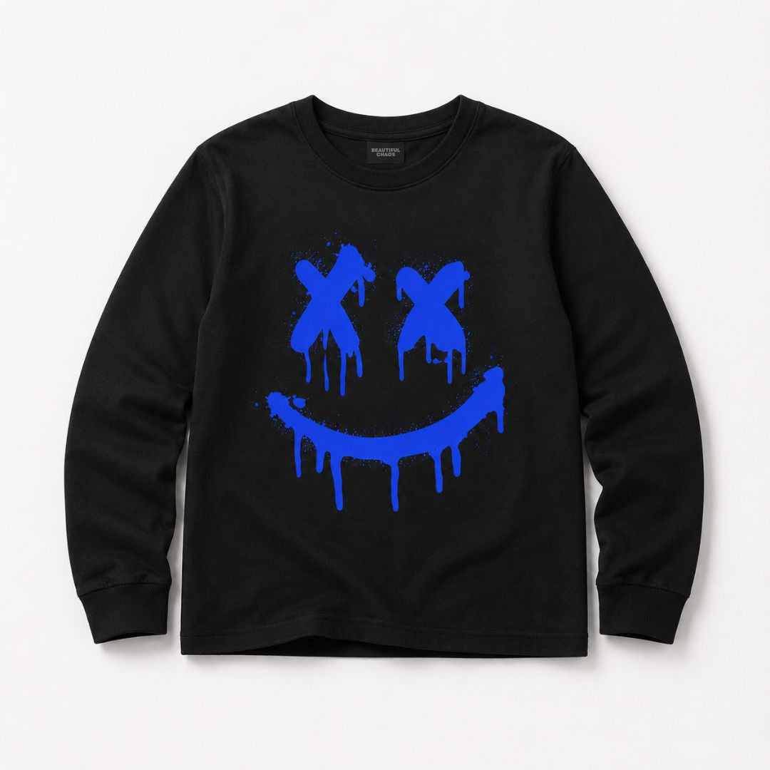 Beautiful Chaos Blue Graffiti Smiley Long Sleeve Tee 