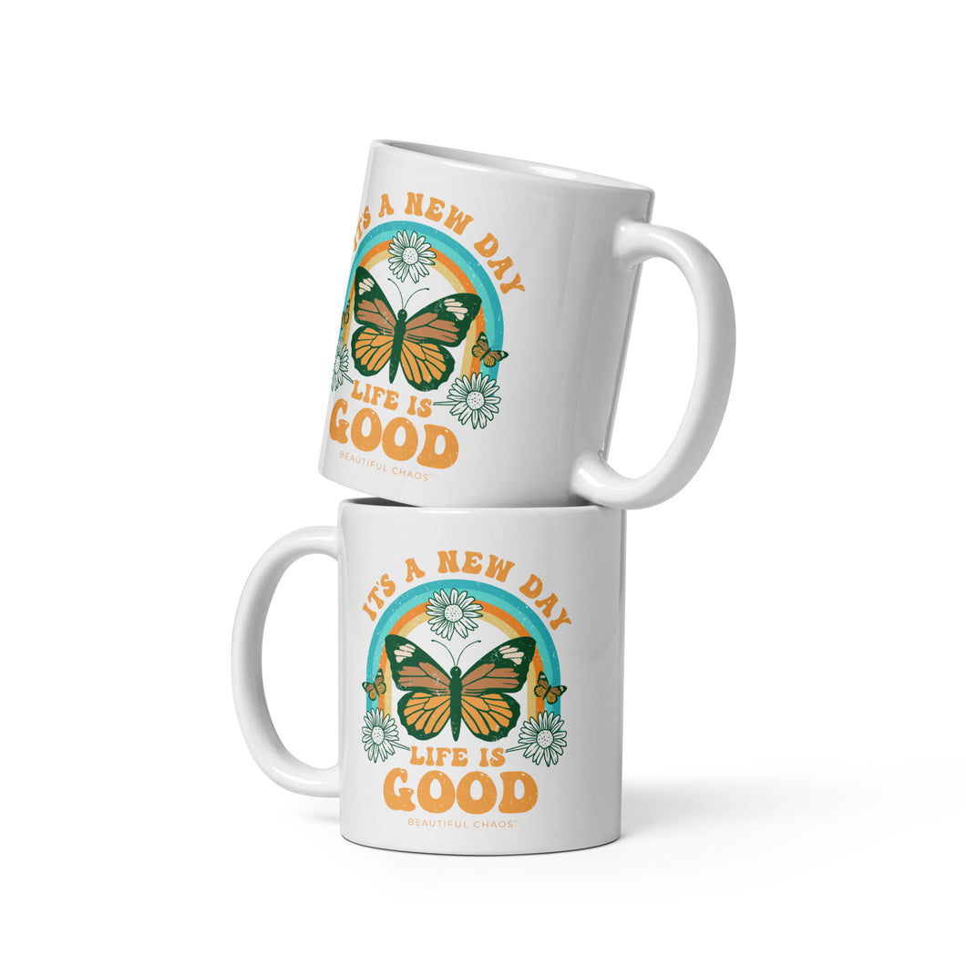 Beautiful Chaos It's a New Day Life is Good Mug Retro Butterfly