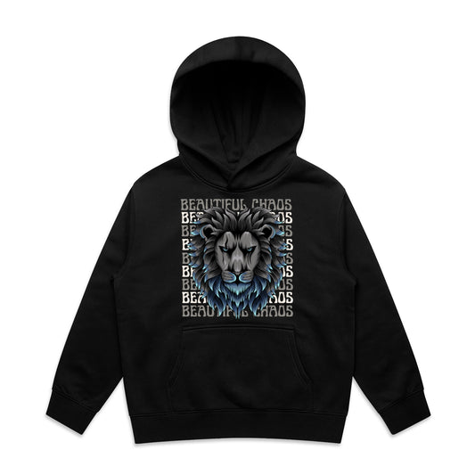 Black hoodie with a lion graphic and 'Beautiful Chaos' text on a white background