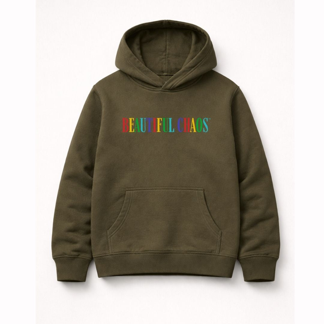 Army Green hoodie with 'BEAUTIFUL CHAOS' text in multicolor on a white background