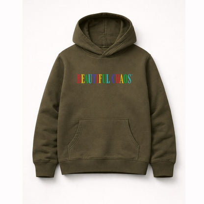 Army Green hoodie with 'BEAUTIFUL CHAOS' text in multicolor on a white background