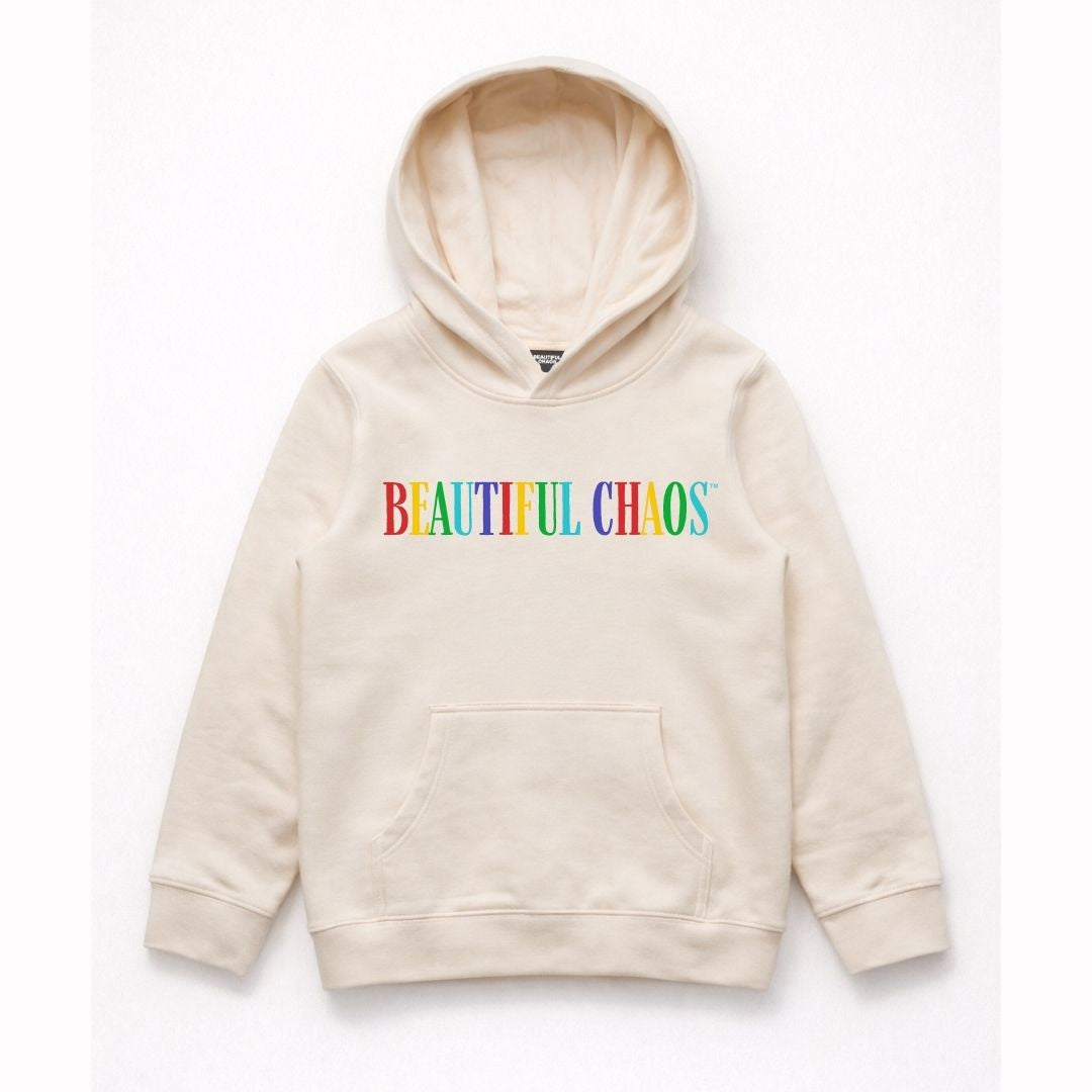 Ecru hoodie with 'BEAUTIFUL CHAOS' text in rainbow colors on a white background