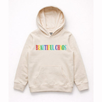 Ecru hoodie with 'BEAUTIFUL CHAOS' text in rainbow colors on a white background