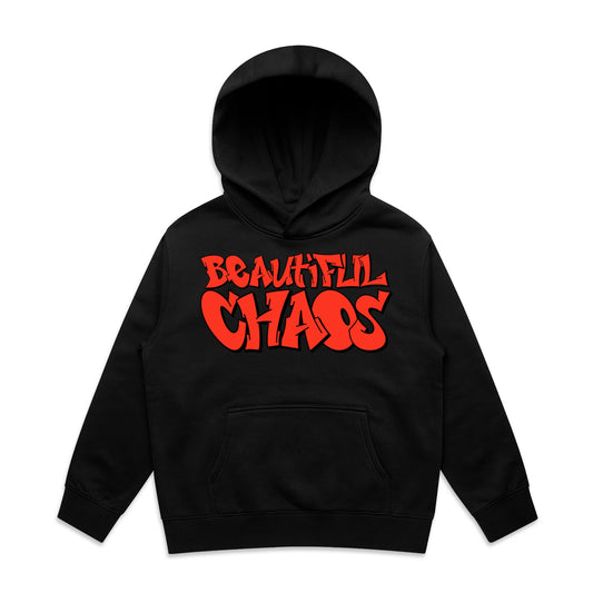 Black hoodie with red 'Beautiful Chaos' text on a white background