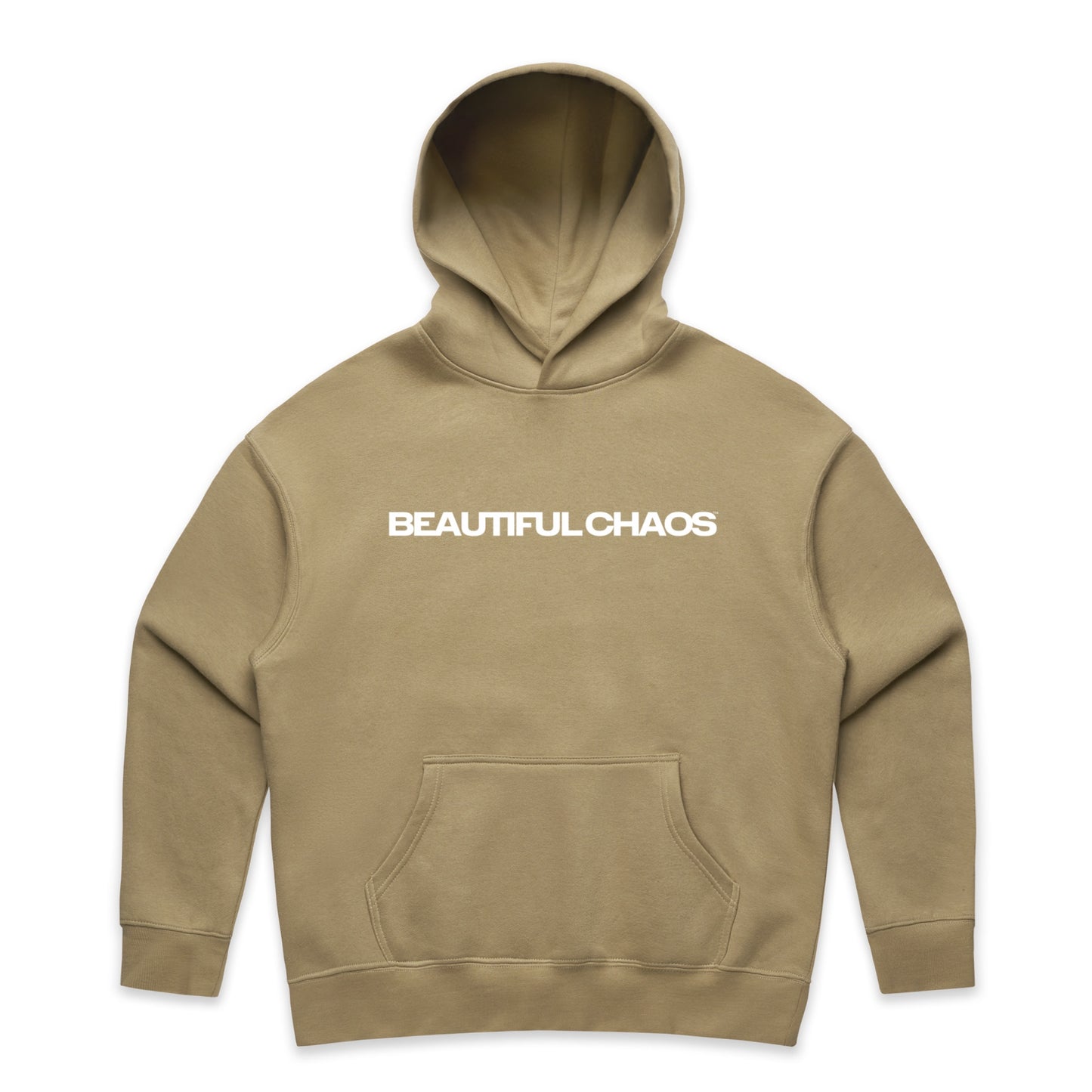 Khaki hoodie with 'BEAUTIFUL CHAOS' text on a white background