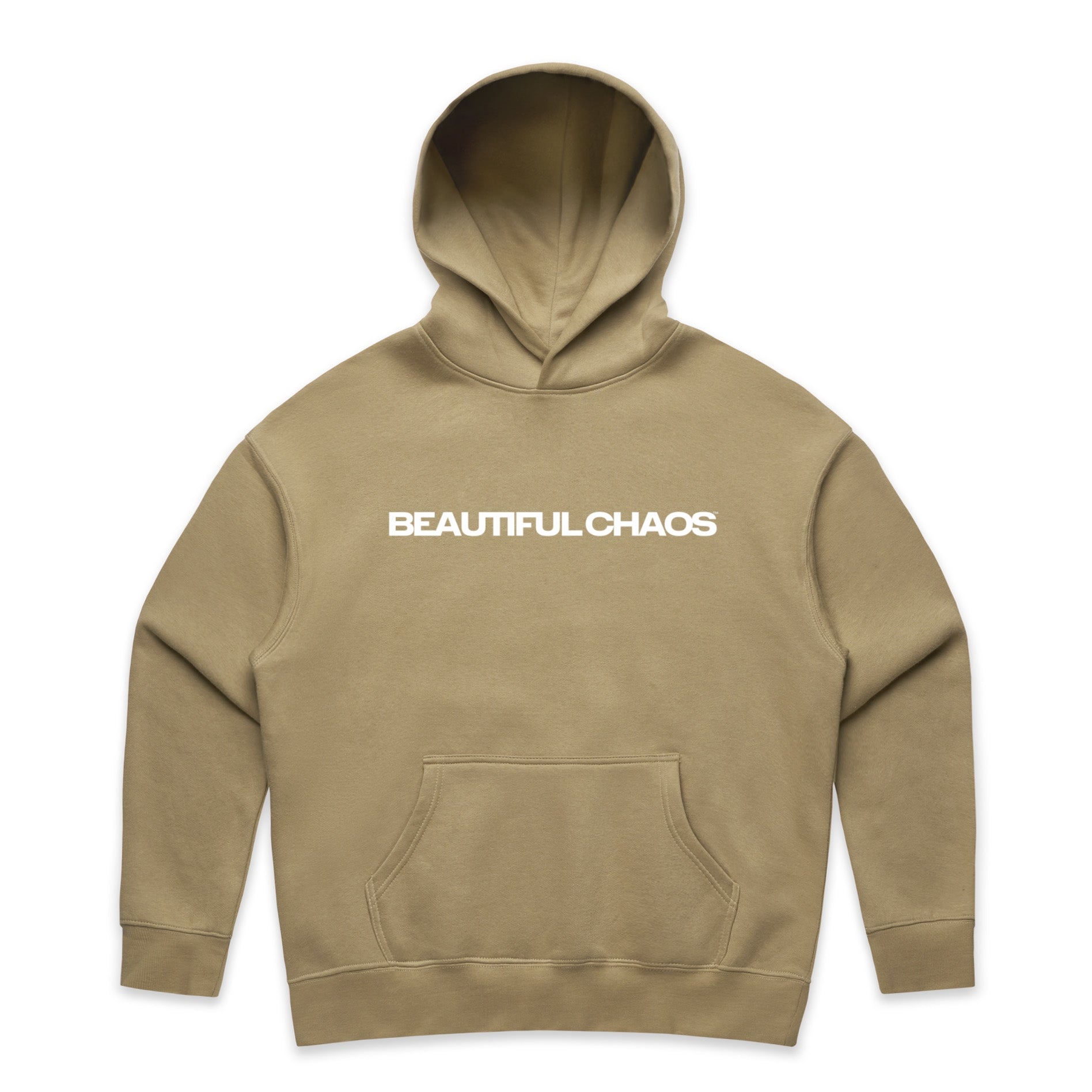 Khaki hoodie with 'BEAUTIFUL CHAOS' text on a white background