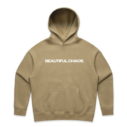 Khaki hoodie with 'BEAUTIFUL CHAOS' text on a white background