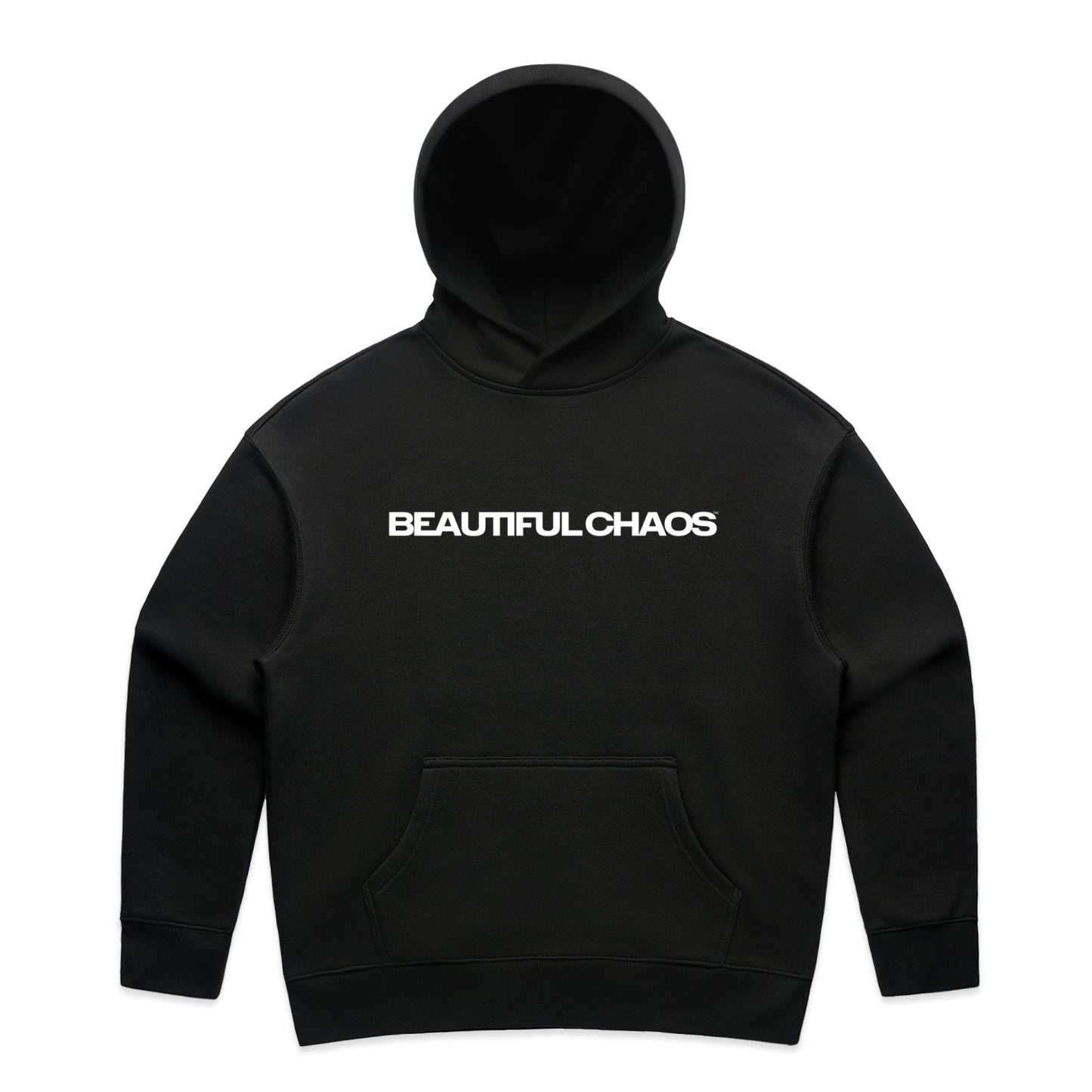 Black hoodie with 'BEAUTIFUL CHAOS' text on a white background