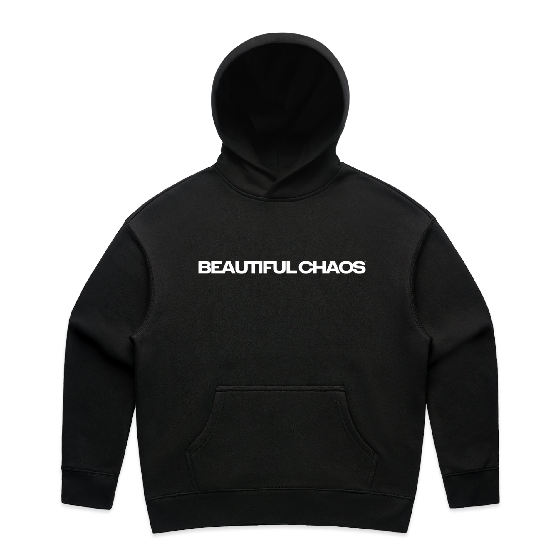 Black hoodie with 'BEAUTIFUL CHAOS' text on a white background
